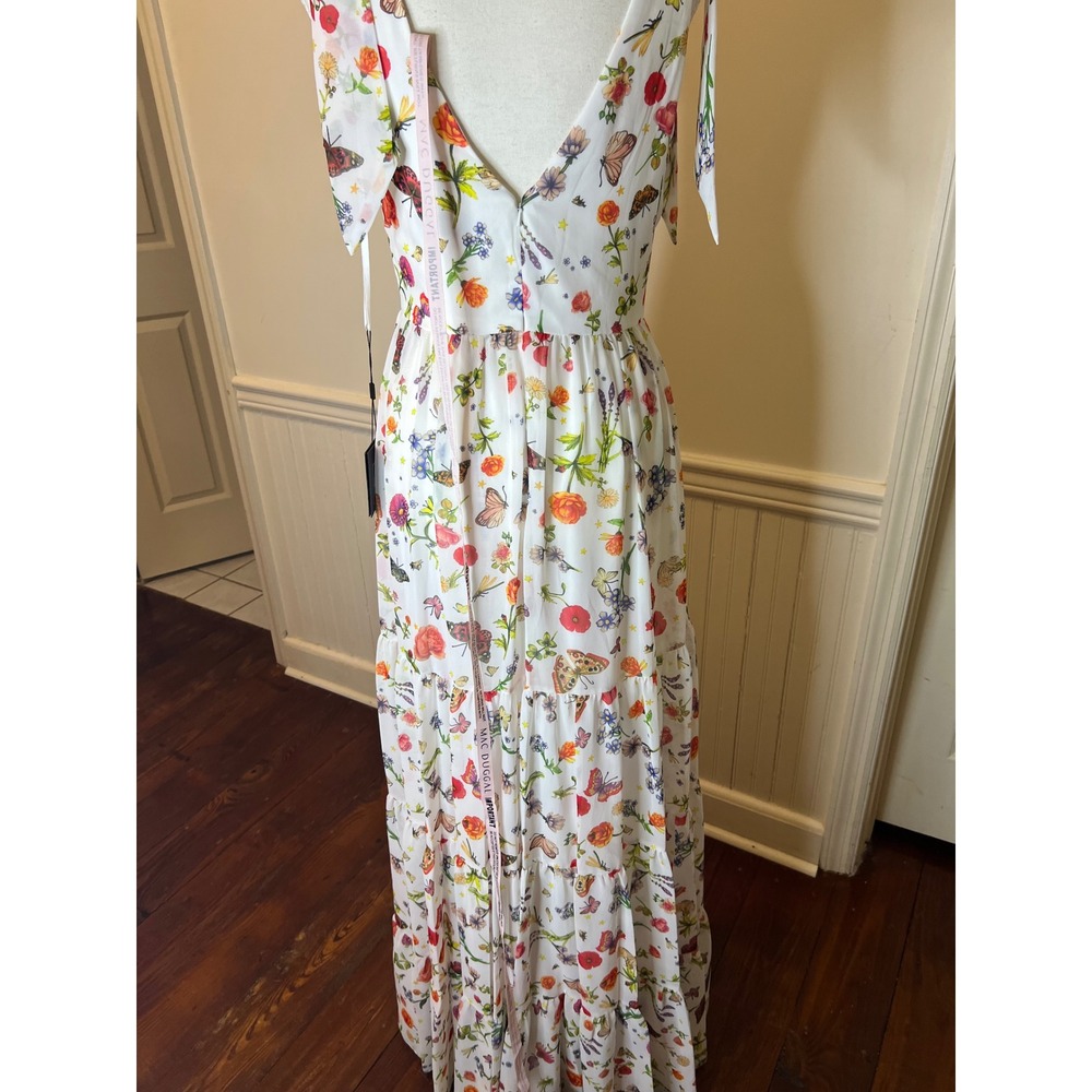 Mac Duggal Floral Butterfly Print Tiered Maxi Dress White V-Neck Tie Shoulder 4 - Picture 14 of 16